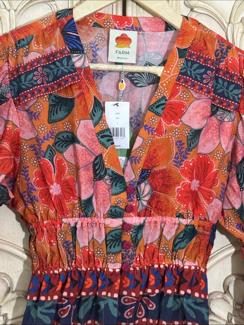 FARM Rio Marias Floral Plunge Neck Peplum Long Sleeve Top Size Medium - Picture 5 of 13